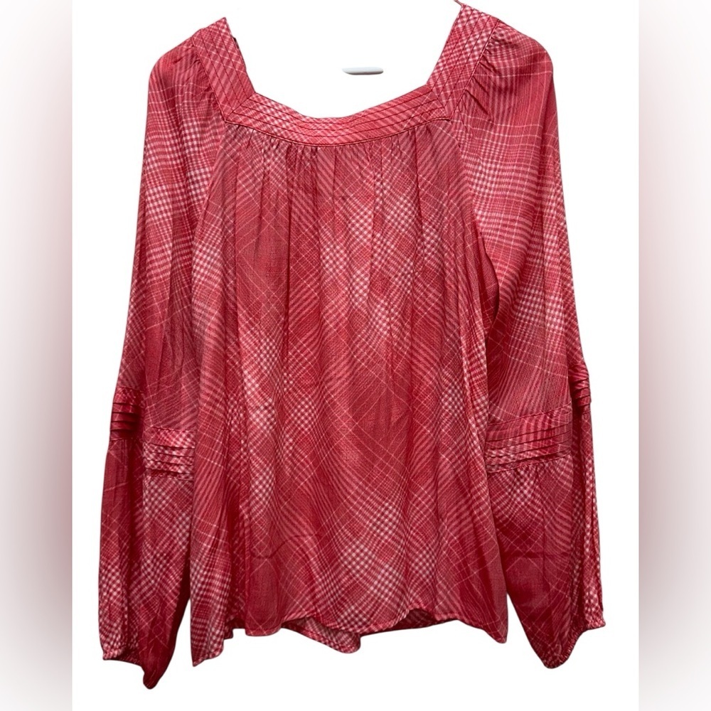 LC Lauren Conrad Women’s L Red Plaid Blouse Top Shirt Long Sleeves Square Neck - Picture 3 of 8